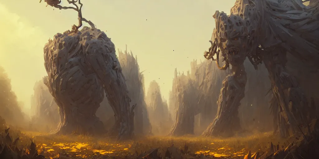 Prompt: Big Golems made of wood, leaves and branches, yellow eyes. In style of Greg Rutkowski, Jesper Ejsing, Makoto Shinkai, trending on ArtStation, fantasy, great composition, concept art, highly detailed, scenery, 8K, Behance.