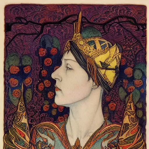 Prompt: the lantern crown, by Annie Swynnerton and Nicholas Roerich and (Edmund Dulac), embroidered brocade, tattoos, elaborate costume, geometric ornament, symbolist, rich colors, dramatic lighting, smooth, sharp focus, extremely detailed