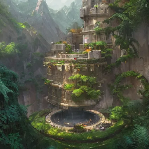 Prompt: roughly cylindrical overwatch headquarters carved inside a mountain surrounding a lush well kept garden, central waterfall, magical, natural light, fantasy, sharp focus, concept art, by greg rutkowski and craig mullins, cozy atmospheric