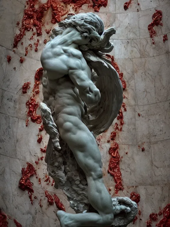 Prompt: a falling man in the form of a liquid Greek sculpture Winged Victory of Samothrace. Gates of Hell by Auguste Rodin. bubbling red wax, super hero pose, skull, flowers, baroque. intricate. Trending on artstation. octane render, cinematic, hyper realism, octane render, 8k, depth of field, bokeh. iridescent accents. vibrant. teal and gold and red colour scheme
