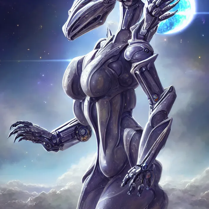 Image similar to goddess shot, galactic sized stunning beautiful anthropomorphic robot mecha female dragon, in space, larger than planets, posing elegantly, the earth a mere marble in her claws, detailed silver armor, epic proportions, epic scale, detailed digital art, ultra detailed, furry art, macro art, dragon art, giantess, warframe fanart, furaffinity, deviantart, realistic