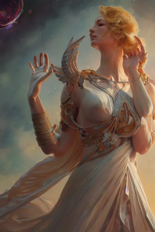 Image similar to goddess of space and time, accurate anatomy, only two hands, highly detailed, digital painting, artstation, concept art, smooth, sharp focus, illustration, Unreal Engine 5, 8K, art by sakimichan, artgerm and greg rutkowski and alphonse Mucha