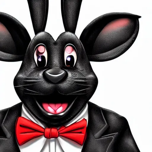 Image similar to A extremely highly detailed majestic hi-res beautiful, highly detailed head and shoulders portrait of a scary terrifying, horrifying, creepy black cartoon rabbit with a bowtie and scary big eyes, earing a shirt laughing, hey buddy, let's be friends, in the style of Walt Disney