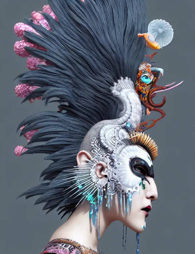 Image similar to 3 d goddess close - up profile portrait punk with mohawk with ram skull. beautiful intricately detailed japanese crow kitsune mask and clasical japanese kimono. betta fish, jellyfish phoenix, bio luminescent, plasma, ice, water, wind, creature, artwork by tooth wu and wlop and beeple and greg rutkowski