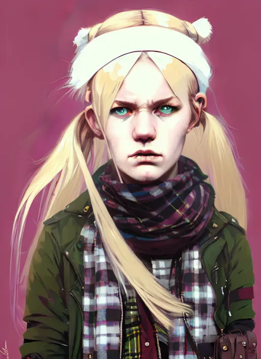 Image similar to highly detailed closeup portrait of a sewer punk swedish female road warrior student, tartan garment, blonde hair pigtails with headband by atey ghailan, by greg rutkowski, by greg tocchini, by james gilleard, by joe fenton, by kaethe butcher, gradient cyan, black, brown and white color scheme, grunge aesthetic!!! white graffiti tag wall background