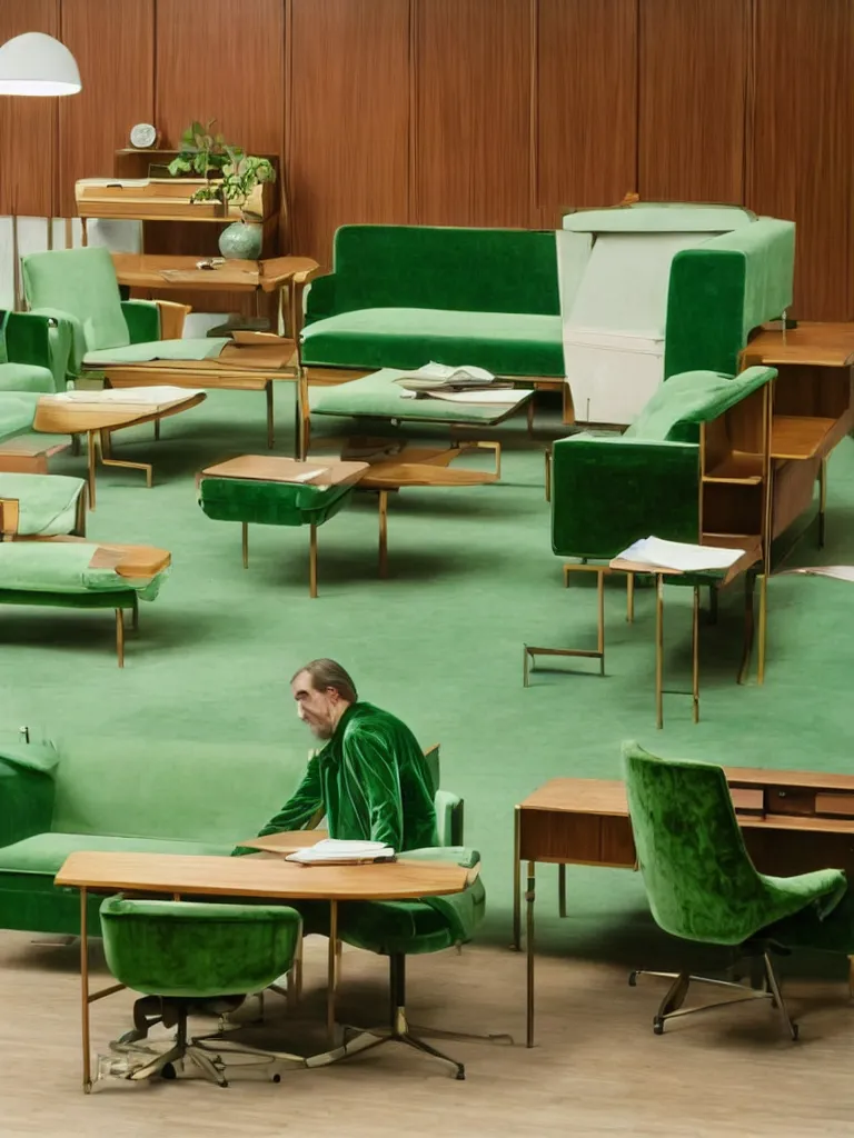Image similar to a still of severance series ( 2 0 2 2 ) indoor 7 0 s green velvet and wood with metal furniture office scenario appearing in a film of jacques tati
