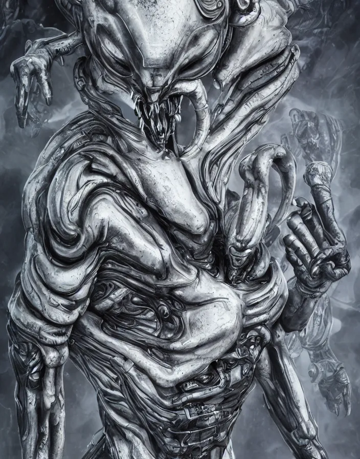 Image similar to engineer prometheus face by Artgerm, xenomorph alien, highly detailed, symmetrical long head, smooth marble surfaces, detailed ink illustration, raiden metal gear, cinematic smooth stone, deep aesthetic, concept art, post process, 4k, carved marble texture and silk cloth, latex skin, highly ornate intricate details, prometheus, evil, moody lighting, hr geiger, hayao miyazaki, indsutrial Steampunk