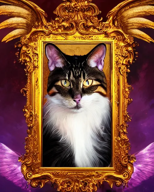 Image similar to amazing poster of detailed portrait digital rococo painting of a beautiful serious cat wearing fantasy clothing. the cat has black angel wings, evil mood, hellish battlefield in the background, unreal engine, embers flying, hyper realism, realistic shading, cinematic composition, blender render, octane render, ultrawide shot