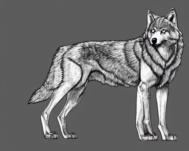 Image similar to professional digital art of a full-body outline of a wolf, proportional, very simple, no color, high quality, HD, 8K,