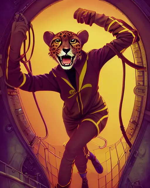 Image similar to don bluth, loish, artgerm, joshua middleton, steampunk, clockpunk anthropomorphic cheetah, wearing a track suit, smiling, symmetrical eyes symmetrical face, colorful animation forest background