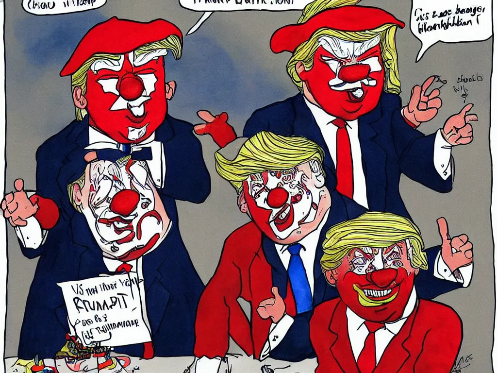 Prompt: political cartoon of trump as a clown, satire