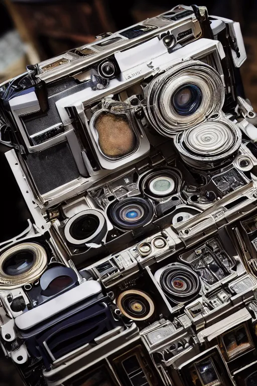 Image similar to A photo of an old opened camera, internals revealed, the most complex looking machine ever made by Annie Lebovitz and Steve McCurry Ultra detailed, hyper realistic, 4k