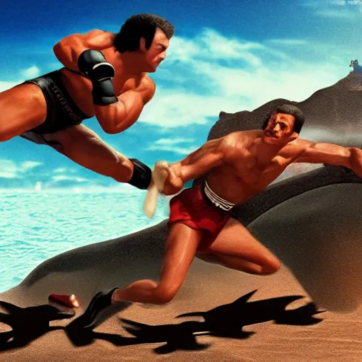 Image similar to rocky iii racing apollo and rocky on the beach, matte painting, art concept, unreal engine, in the style of dune movie poster