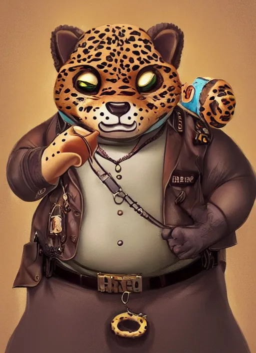 Prompt: a cute fat friendly leopard in steampunk police suit, eating a donut, clawhauser from zootopia, character, closeup headshot, sketch portrait by jean - baptiste monge