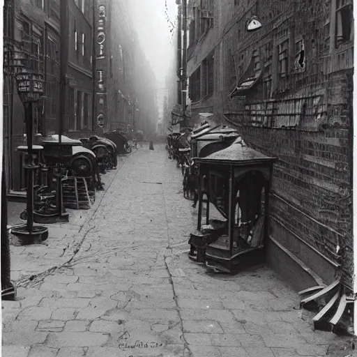 Image similar to photo of a steampunk street taken by the photographer Jacob Riis