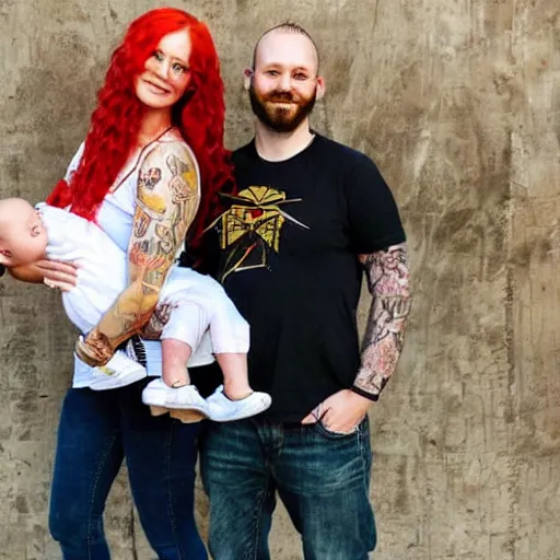 Image similar to photo of a slender attractive couple. The woman has long straight red orange hair. The man has a dark thick neatly groomed beard and tattoos. They are holding a giant corn and a cute baby.