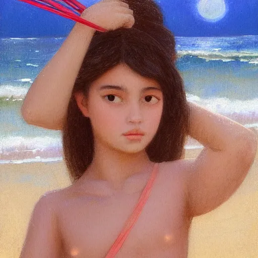 Prompt: a ultradetailed beautiful painting of a latina brazilian girl holding a bow in the beach by hsiao ron cheng, ngai victo, nivanh chanthara jean delville wlop and dougherty patrick, trending on artstation, mediterranean, palm trees, light sparkles, major arcana sky, sharp focus, soft light