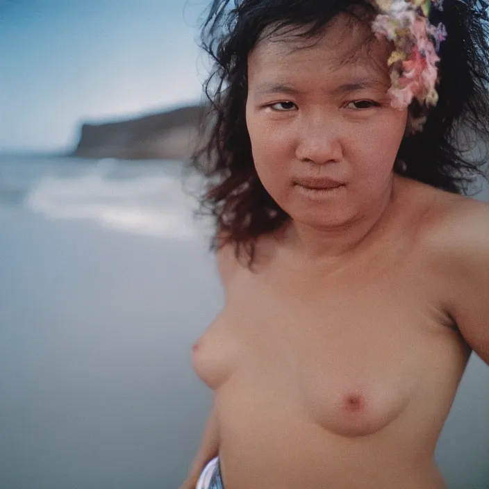 Prompt: closeup portrait of a woman wrapped in plastic, standing in punaluu black sand beach, color photograph, by vincent desiderio, canon eos c 3 0 0, ƒ 1. 8, 3 5 mm, 8 k, medium - format print