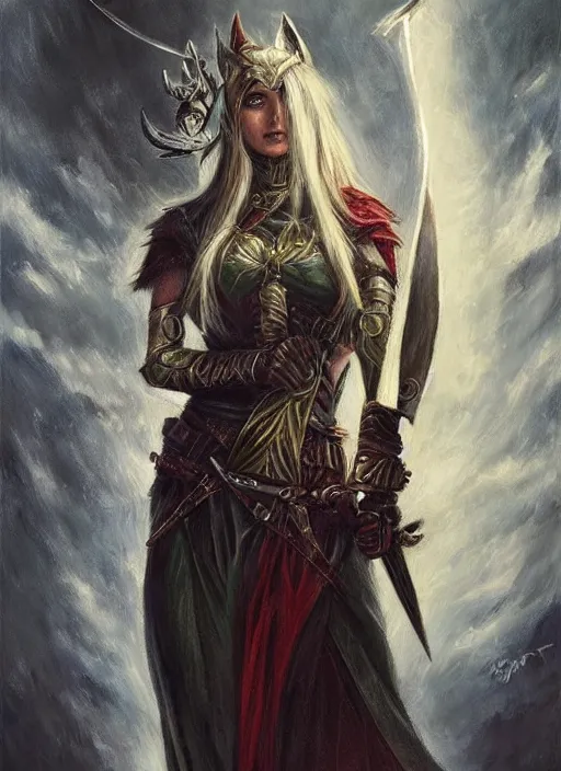 Image similar to female elf armed with two long swords, in the style of tolkien, fantasy art, dramatic lighting, highly detailed oil painting