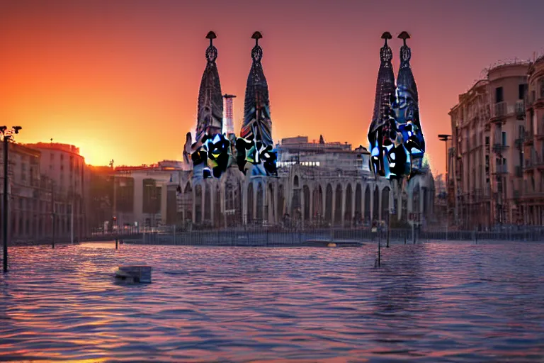 Image similar to views of catastrophic barcelona's agbar tower covered with high water, global warming, floating cars, sunset lighting, photo real