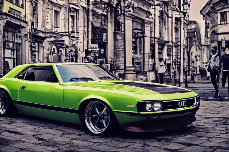 Image similar to audi camaro b 1 ( 1 9 6 9 ) drifting, need for speed : carbon, at night, neon lines, lviv historic centre, ultra phonk, phonk music background, smoke behind wheels, noise, dark, establishing shot