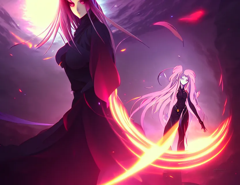 Image similar to a dark lady emerges from the portal and the forces of light cower, by nashimanga, anime illustration, anime key visual, beautiful anime - style digital painting by wlop, amazing wallpaper