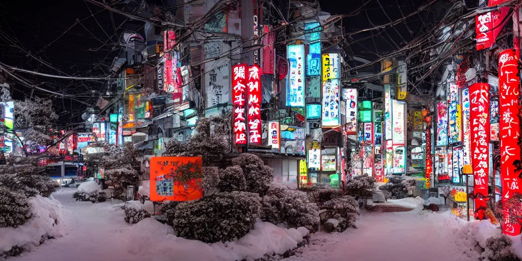 Prompt: a Japanese cyberpunk shrine, snowing, photograph,sharp focus, intricate detail, high resolution, 8k, neon streetlights, wires hanging down everywhere, Japan, colourful,,