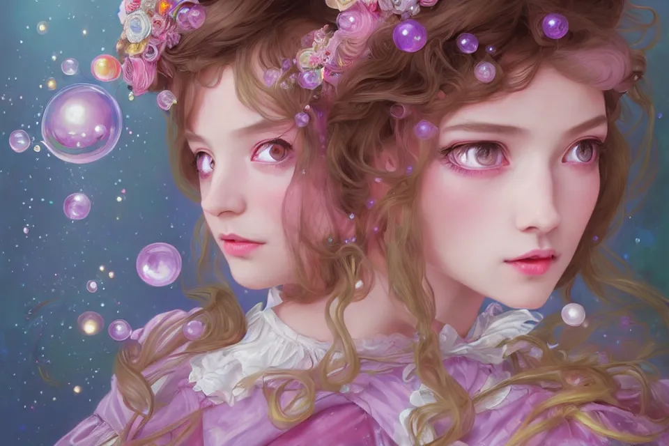 Prompt: dream portrait of magical lolita girl, dreamy and ethereal, expressive pose, big pink eyes, exciting expression, fantasy, intricate, elegant, many rainbow bubbles, rose tones, highly detailed, digital painting, artstation, concept art,cyberpunk wearing, smooth, sharp focus, illustration, art by artgerm and greg rutkowskiand alphonse mucha,Salvador Dali.