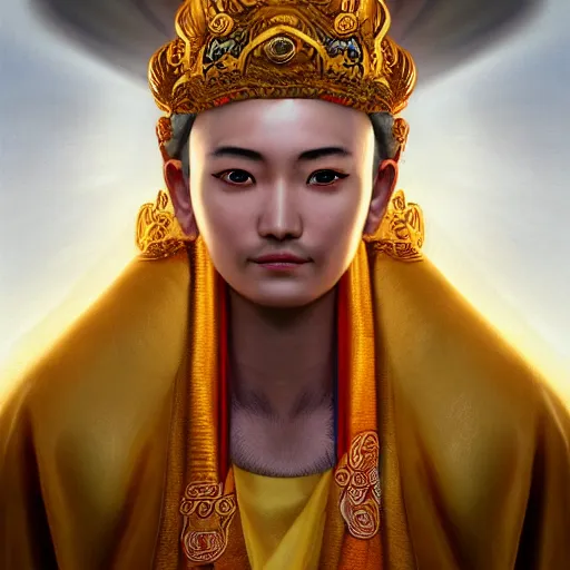 Image similar to centered detailed portrait and body of a tibetan saint, realistic character concept, identical eyes, gazing eyes, elegant pose, fantasy, illustration, slender symmetrical face and body, artstation, cinematic lighting, hyperdetailed, cgsociety, 8 k, tom richmond, single face, octane render, golden ratio, postprocessing, cartoon