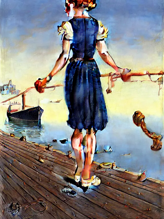 Image similar to a fancy beautiful young lady standing on a wharf at the edge of the sea by rob gonsalves and ruth deckard and gil elvgren and harry ekman and george petty and hilo chen and norman rockwell, crisp details, hyperrealism, high detail, high contrast, low light, grey mist, cobblestones, dim lantern