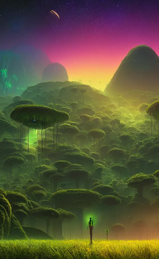 Image similar to An amazing alien landscape with lush vegetation and colourful galaxy foreground, digital art, breathtaking, golden ratio, extremely detailed, hyper-detailed, establishing shot, hyperrealistic, cinematic lighting, particles, unreal engine, simon stålenhag, rendered by Beeple, Makoto Shinkai, syd meade, Kentaro Miura, environment concept, artstation, octane render, 8K UHD image