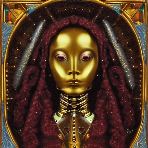 Image similar to a portrait of a shiny metallic renaissance steampunk robot, in the style of Jan van Eyck,