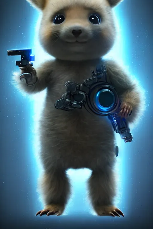 Image similar to high quality digital art sci - fi very cute fluffy! wombat!! cyborg soldier with futuristic mechanical legs, cyberpunk monocle!, highly detailed, unreal engine cinematic smooth, in the style of detective pikachu, hannah yata charlie immer, dark blue neon light, low angle, uhd 8 k, sharp focus