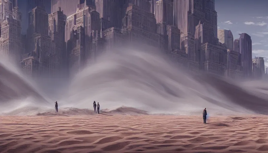 Image similar to new york city under tons of sand, heavy wave, people walking in the desert, hyperdetailed, artstation, cgsociety, 8 k