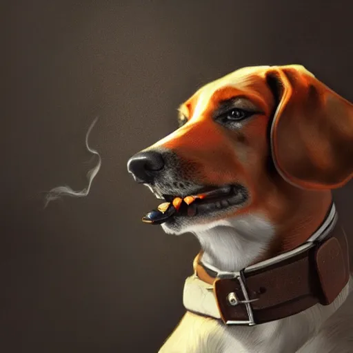 Image similar to a dog wearing smoking a cigar, dramatic lighting, cinematic, establishing shot, extremly high detail, photorealistic, cinematic lighting, concept art, artstation, style by greg rutkowsky