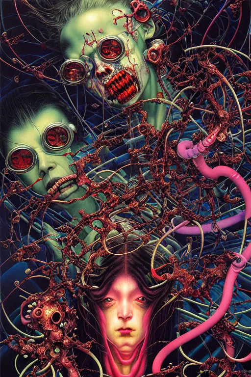 Prompt: realistic detailed image of neon biohazard scientist lab evacuation action horror by lisa frank, ayami kojima, amano, karol bak, greg hildebrandt, and mark brooks, neo - gothic, gothic, rich deep colors. beksinski painting, part by adrian ghenie and gerhard richter. art by takato yamamoto. masterpiece