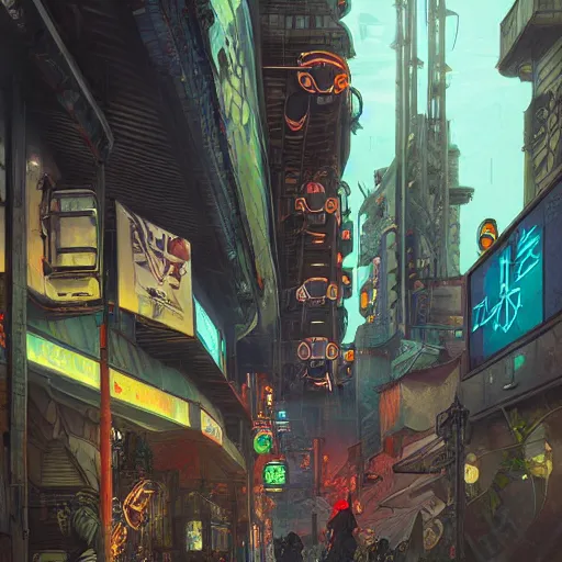 Image similar to Tlingit Maori cyberpunk city street scene by Greg Rutkowski, Alphonse Mucha, Anato Finnstark, and Studio Ghibli