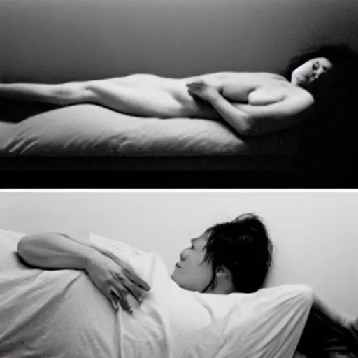 Prompt: expressive by jeff wall, by nobuo sekine. a drawing of a woman reclining on a bed.