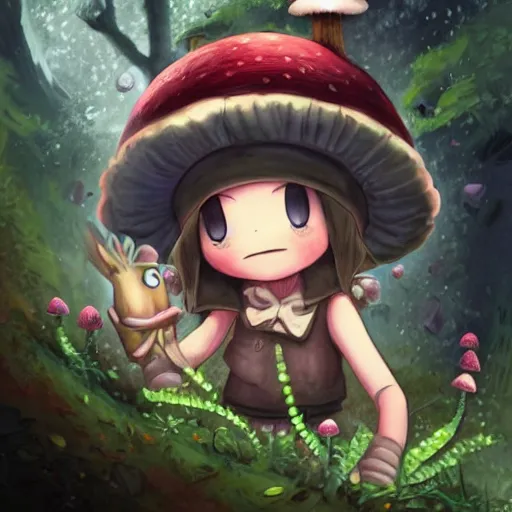 Prompt: cute little girl with a mushroom hat in dark forest, cute artwork, clean detailed, inspired in made in abyss, detailed background