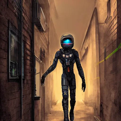 Prompt: a futuristic super soldier in a alley way, 4k digital art