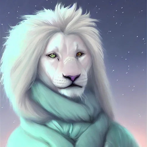 Image similar to aesthetic portrait commission of a albino male furry anthro lion wearing a cute mint colored cozy soft pastel winter outfit, winter Atmosphere. Character design by charlie bowater, ross tran, artgerm, and makoto shinkai, detailed, inked, western comic book art, 2021 award winning painting