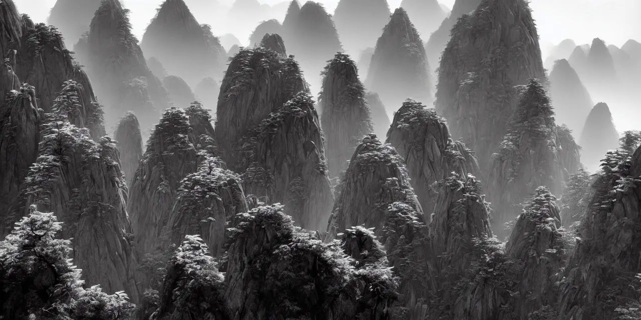 Prompt: huangshan by ansel adams