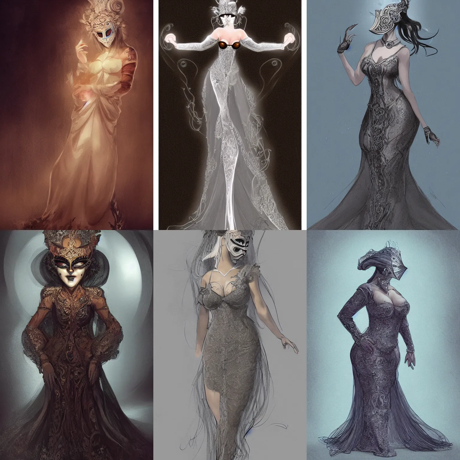 Prompt: character concept art of a beautiful female in a curvy long dress facing camera, by night, ultra intricate details, sensual style, volumetric light and fog, commedia del arte mask