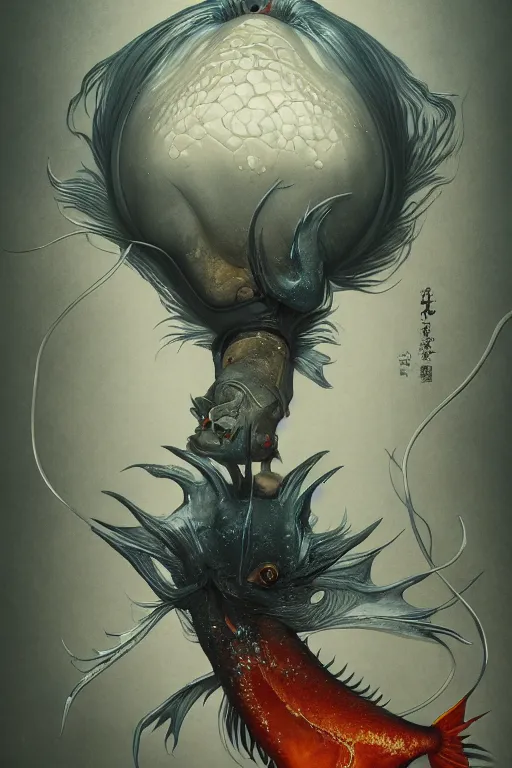 Image similar to a portrait of a japanese devil gold fish illustrated by miyazaki by karol bak, james jean, tom bagshaw, rococo, sharp focus, trending on artstation, cinematic lighting, hyper realism, octane render, 8 k, hyper detailed, vivid, ultra detailed, highly detailed