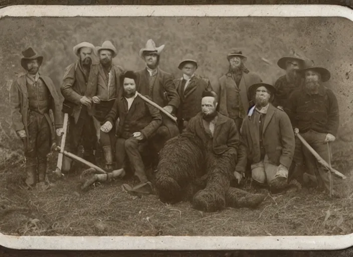 Prompt: tintype photo group of hunters with a giant dead woolly mammoth on the ground by their feet