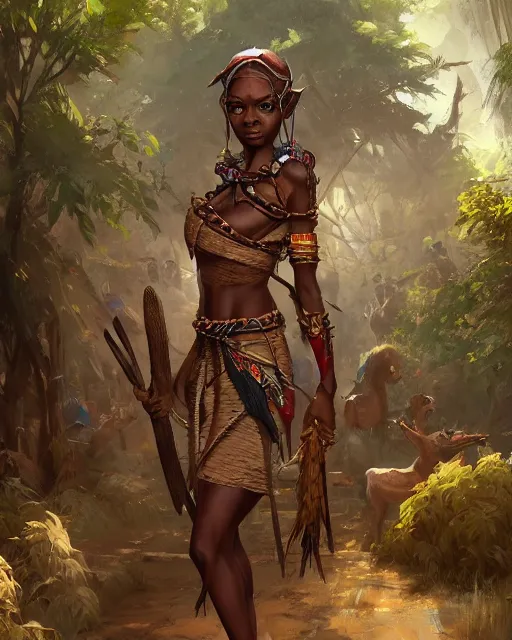 a female tribal warrior in the jungle, african. By, Stable Diffusion