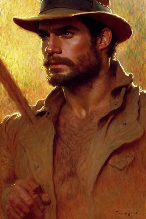 Image similar to henry cavill as indiana jones, painting by gaston bussiere, craig mullins, j. c. leyendecker, claude monet