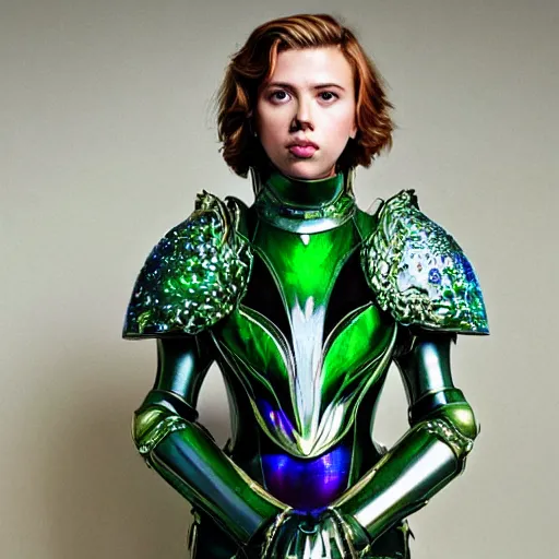 Prompt: portrait of 14-year old Scarlett Johansson wearing iridescent, green mother of pearl and malachite art nouveau style full body female mail armor