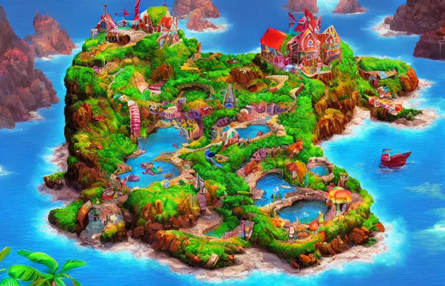 Prompt: an entire island made out of candy, candied island, photorealistic digital art, fantasy and realistic concept art, dynamic lighting, air view, beautiful scenery