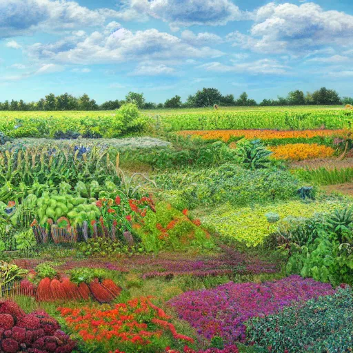 Image similar to ultra realistic painting of a cloudy sky over a field of alien plants, vegetables and flowers, 8 k